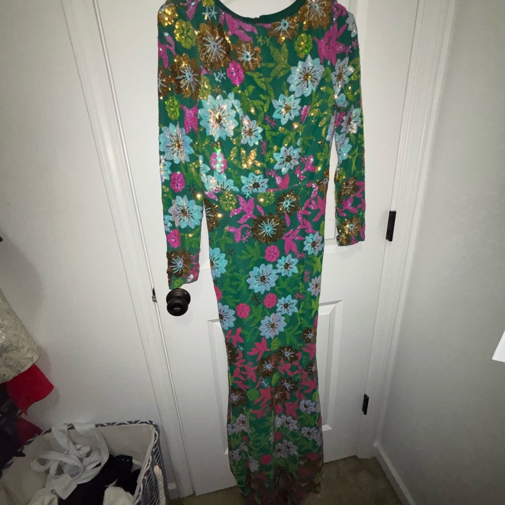 Floral Sequin Long Sleeve Dress - Green, Pink, Blue